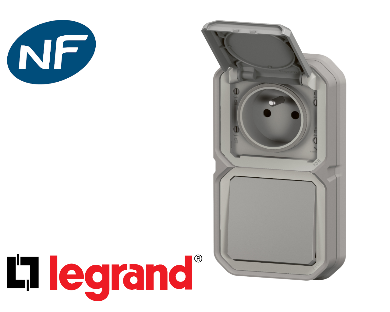 Interrupteur va-et-vient + prise Legrand Plexo™ gris encastré